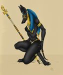  anubis braids breasts canine dark_natasha deity egyptian female goddess headdress jackal jewelry looking_at_viewer mammal nipples nude polearm side_boob smile solo staff topless 