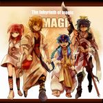  3boys :d aladdin_(magi) ali_baba_saluja bad_id bad_pixiv_id barefoot black_hair blonde_hair blue_eyes blue_hair chinese_clothes copyright_name earrings grin guan_dao hair_ornament hanfu holding holding_hands jewelry magi_the_labyrinth_of_magic morgiana multiple_boys necklace one_side_up open_mouth polearm r04315 red_eyes red_hair ren_hakuryuu smile spear turban walking weapon yellow_eyes 