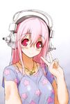  absurdres blush headphones highres long_hair nitroplus pink_hair red_eyes smile solo star super_sonico tsuji_santa v 