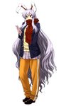  alternate_costume animal_ears blazer bunny_ears cellphone contemporary crescent hand_in_pocket highres itou_yuuji jacket lavender_hair long_hair pants phone plaid plaid_scarf pleated_skirt purple_hair red_eyes red_scarf reisen_udongein_inaba scarf shoes sidelocks skirt solo sweater sweater_vest touhou very_long_hair 