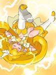  bike_shorts blonde_hair boots bow choker closed_eyes cure_peace double_v electricity hair_flaps highres kise_yayoi long_hair magical_girl okera open_mouth ponytail precure shorts shorts_under_skirt smile_precure! solo tears tiara upside-down upskirt v wide_ponytail yellow yellow_bow yellow_choker yellow_shorts 