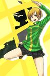  bike_shorts brown_eyes brown_hair glasses jacket legs looking_at_viewer miniskirt open_mouth persona persona_4 pleated_skirt purinnssu satonaka_chie shoes short_hair skirt socks solo track_jacket yellow_background 