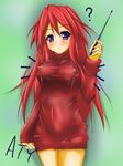  ? aty_(summon_night) bad_id bad_pixiv_id beni-bana blush breasts covered_nipples large_breasts long_hair looking_at_viewer naked_sweater purple_eyes red_hair shirt solo summon_night summon_night_3 sweater taut_clothes taut_shirt 