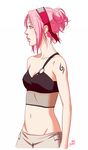  1girl breasts cleavage green_eyes hair_up haruno_sakura midriff mound_of_venus naruto navel pink_hair samurai-pet signature simple_background solo 