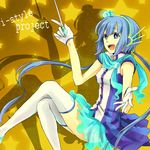  :d aoki_lapis blue_eyes blue_hair creamyya crossed_legs gloves headset highres long_hair open_mouth scarf sitting skirt smile solo thighhighs tourmaline twintails very_long_hair vocaloid white_gloves white_legwear 