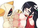  black_hair blazblue breasts censored disembodied_penis double_titfuck eyewear female glasses group group_sex hair hood human litchi_faye_ling male mammal nipples penis purple_eyes red_eyes sex smile straight taokaka threesome titfuck unknown_artist 