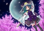  blue_eyes bow cherry_blossoms full_moon green_hair hat moon petals ribbon rod_of_remorse shiki_eiki skirt sleeves_past_wrists snowcanvas solo thighhighs touhou tree 