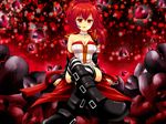  armband boots breasts broken_heart choker cleavage crossed_legs cul headset jacket large_breasts long_hair ponytail red red_eyes red_hair rimu01 shorts sitting solo striped striped_legwear thighhighs vocaloid 