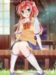  :d ano_natsu_de_matteru bad_id bad_pixiv_id blue_eyes glasses highres llaoi_h long_hair open_mouth pink_hair school_uniform sitting skirt smile socks solo takatsuki_ichika 