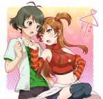  1girl :o ai_ai_gasa akizuki_ryou antenna_hair blush brown_hair detached_sleeves heart hetero hizuki_akira idolmaster idolmaster_dearly_stars long_hair midriff navel one_side_up open_mouth sakurai_yumeko side_ponytail skirt striped sweat thighhighs 