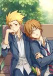  artist_name bench blonde_hair brown_hair chinese closed_eyes danshi_koukousei_no_nichijou dated glasses highres linjie male_focus multiple_boys necktie school_uniform sitting sleeping striped striped_neckwear tabata_hidenori tanaka_yoshitake yellow_eyes 