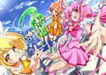  aoki_reika blonde_hair blue_eyes blue_hair blue_skirt blush bow candy_(smile_precure!) choker cure_beauty cure_happy cure_march cure_peace cure_sunny flying green_eyes green_hair green_skirt hino_akane_(smile_precure!) holding_hands hoshizora_miyuki kise_yayoi long_hair magical_girl midorikawa_nao mtu_(orewamuzituda) multiple_girls orange_choker orange_eyes orange_hair orange_skirt pink_bow pink_choker pink_eyes pink_hair pink_skirt ponytail precure skirt smile smile_precure! thighhighs tiara twintails v white_legwear yellow_choker yellow_eyes 