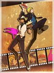  blonde_hair bracelet brown_eyes brown_hair cabbie_hat close-up crossover facial_hair film_strip food fried_rice hair_over_one_eye hat hirata_hiroaki jewelry kaburagi_t_kotetsu male_focus multiple_boys natsu_(pixiv312174) necktie one_piece sanji seiyuu_connection steak stubble stuffed_animal stuffed_bunny stuffed_toy tiger_&amp;_bunny trait_connection vest waistcoat watch wristwatch 