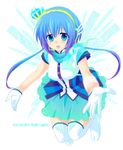  aoki_lapis blue_eyes blue_hair blush character_name gloves headset long_hair outstretched_hand scarf skirt solo terai_arina thighhighs tourmaline twintails vocaloid white_gloves white_legwear 