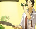 adachi_tooru alcohol brown_eyes brown_hair cabbage casual cooking drinking flipping_food food formal frying_pan looking_away male_focus nazgullow necktie open_clothes open_shirt persona persona_4 shirt sleeves_rolled_up solo unbuttoned 