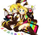  1girl 4_(nakajima4423) :d bare_shoulders blonde_hair blue_eyes brother_and_sister detached_sleeves grin hairband headphones headset heart kagamine_len kagamine_rin open_mouth record shorts siblings sitting smile twins vocaloid 