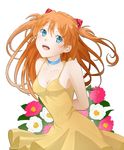  arms_behind_back blue_eyes blush dress highres kamiya_ryuu long_hair neon_genesis_evangelion open_mouth orange_hair sleeveless sleeveless_dress smile solo souryuu_asuka_langley yellow_dress 