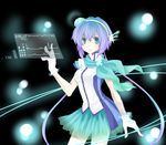  aoki_lapis bad_id bad_pixiv_id blue_eyes blue_hair blurry bokeh depth_of_field gloves hairband headset highres hinappai_(worksp) light_particles long_hair scarf skirt smile solo tourmaline twintails vocaloid white_gloves 