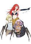  &gt;:( :d bad_id bad_pixiv_id bikini_top blonde_hair breasts chain crossed_arms elbow_gloves frown gloves green_eyes highres horns insect_girl long_hair medium_breasts monster_girl multiple_girls one_eye_closed open_mouth original pointy_ears purple_hair red_eyes red_hair ribbon seark short_hair simple_background small_breasts smile spider_girl v-shaped_eyebrows white_background 