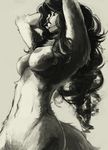  black_hair breasts curly_hair enrin feline female fluffy fluffy_tail fur hair hand_behind_head long_hair looking_at_viewer mammal monochrome nipples nude original simple_background sketch smile solo unknown_species white_eyes white_fur yen_rin 