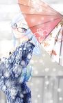  bad_id bad_pixiv_id blue_eyes blue_hair glasses highres japanese_clothes kimono long_hair nekobaka oriental_umbrella original red-framed_eyewear smile solo umbrella yagasuri 