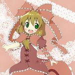  :d alternate_hair_color brown_hair dress front_ponytail green_eyes hair_ribbon kagiyama_hina miyukisan open_mouth ribbon smile solo touhou younger 