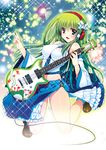  araiguma bad_id bad_pixiv_id between_fingers blue_eyes blush breasts covered_nipples detached_sleeves dress electric_guitar frog_hair_ornament green_hair guitar hair_ornament hair_tubes headphones holding instrument kochiya_sanae large_breasts long_hair looking_at_viewer midriff open_mouth plectrum shoes solo sparkle touhou 