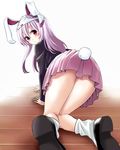  all_fours animal_ears ass bad_id bad_pixiv_id blush bunny_ears bunny_tail from_behind jacket long_hair looking_back natsupa no_panties object_on_head panties panties_on_head pink_hair purple_hair red_eyes reisen_udongein_inaba shirt skirt solo tail touhou underwear white_panties 