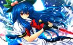  bad_id bad_pixiv_id blue_hair bow chain food fruit hat highres hinanawi_tenshi long_hair nekominase peach red_eyes solo sword_of_hisou touhou 