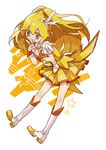  4_(nakajima4423) bad_id bad_pixiv_id blonde_hair boots cure_peace double_v hair_flaps hair_ornament kise_yayoi long_hair magical_girl ponytail precure skirt smile_precure! solo star starry_background v wide_ponytail yellow yellow_eyes yellow_skirt 