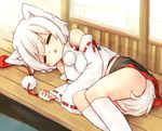  animal_ears bad_hands bad_id bad_pixiv_id bare_shoulders closed_eyes detached_sleeves hat hat_removed hat_ribbon headwear_removed highres inubashiri_momiji lying on_side open_mouth ribbon sawatari_(sado) shirt short_hair silver_hair skirt sleeping solo tail tokin_hat touhou wolf_ears wolf_tail 