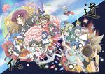  anchor animal_ears bamboo_broom basket battle bishamonten's_pagoda black_hair blonde_hair broom divine_spirit earmuffs electricity futatsuiwa_mamizou hair_ornament hair_rings hair_stick hat highres hijiri_byakuren houjuu_nue japanese_clothes kaku_seiga karakasa_obake kariginu kasodani_kyouko kumoi_ichirin kunai manaka_(pdx) miyako_yoshika mononobe_no_futo mouse_tail multicolored_hair multiple_girls murasa_minamitsu nazrin opposing_sides raccoon_ears raccoon_tail ritual_baton sailor sailor_hat soga_no_tojiko sorcerer's_sutra_scroll tail tail_hold tatara_kogasa ten_desires tiger_stripes toramaru_shou touhou toyosatomimi_no_miko two-tone_hair ufo umbrella undefined_fantastic_object unzan weapon 