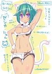  animal_ears aquarion_(series) aquarion_evol arm_behind_head arm_up armpits breasts cat_ears cat_tail cleavage cleavage_cutout green_hair hand_on_hip looking_at_viewer medium_breasts midriff navel no_panties purple_eyes revealing_clothes short_hair short_shorts shorts simple_background solo tail thighs translation_request wrist_cuffs yanagi_yuu yellow_background zessica_wong 