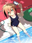  blush brown_hair drain_(object) dripping food from_above gradient_hair green_eyes highres hose innertube looking_at_viewer looking_up multicolored_hair one-piece_swimsuit original pool poolside popsicle purple_hair school_swimsuit short_hair sitting smile soaking_feet solo swimsuit takanashi_sora_(soramyon) water wet 