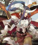  armor bad_id bad_pixiv_id belt blue_hair cape gauntlets gloves grandia grandia_ii green_eyes grin half_mask horn lok-tar long_hair male_focus mask melfice_(grandia) pants ponytail red_cape smile solo sword tree weapon 