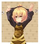  ? arms_up bad_id bad_pixiv_id blonde_hair bow brown_dress dress hair_bow hati105 kurodani_yamame open_mouth ponytail shirt solo touhou wrist_grab yellow_eyes 