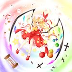  apple ascot blonde_hair card checkerboard_cookie cookie cross flandre_scarlet flower food fruit hat highres hourglass kuroyume_(dark495) mary_janes petals playing_card red_eyes ribbon shoes side_ponytail skirt skirt_set solo star touhou wings 
