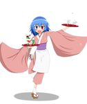  alternate_costume apron arm_up bad_id bad_pixiv_id blue_eyes blue_hair blush carrying cherry_blossoms fang food fruit geta glass heterochromia highres ice ice_cream japanese_clothes kimono light_particles long_sleeves looking_at_viewer muginon obi open_mouth outstretched_arm parfait pocky red_eyes running sash shadow short_hair simple_background soda solo strawberry tabi tatara_kogasa touhou tray wafer water white_background white_legwear wide_sleeves 