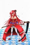  bad_id bad_pixiv_id flower hair_flower hair_ornament highres long_hair looking_at_viewer original red_eyes red_hair rose scythe seark smile solo thighhighs very_long_hair white_legwear 