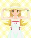  armpits bare_shoulders blonde_hair blush_stickers bracelet dress hands_on_headwear hat jewelry kesuida long_hair monogatari_(series) nisemonogatari oshino_shinobu smile solo sun_hat sundress yellow_eyes 