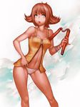  bare_shoulders blue_eyes breasts brown_hair center_opening contrapposto covered_nipples final_fantasy final_fantasy_viii flipped_hair fumio_(rsqkr) medium_breasts navel nunchaku open_mouth panties pinky_out selphie_tilmitt solo standing underwear unzipped weapon zipper 
