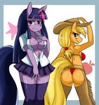  anthro anthrofied anus applejack_(mlp) assless_chaps blonde_hair blush breasts butt cleavage clothed clothing duo equine female friendship_is_magic green_eyes hair half-closed_eyes hat horn horse looking_at_viewer looking_back mammal multi-colored_hair my_little_pony pony ponytail purple_eyes purple_hair smile sssonic2 twilight_sparkle_(mlp) unicorn 