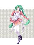  apron argyle argyle_background bad_id bad_pixiv_id braid canal_vorfeed facial_mark forehead_mark full_body green_hair grey_background highres long_hair lost_universe necktie one_eye_closed pink_skirt puffy_sleeves purple_eyes shoes shuu_(shu-nm) skirt solo thigh_strap thighhighs twintails white_legwear 