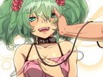  aqua_eyes aqua_hair bare_shoulders blush collar hatsune_miku koyoi_mitsuki leash lying on_back open_mouth pov short_hair smile solo_focus twintails vocaloid 