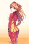  blue_eyes bodysuit butt_crack hair_ornament jun_(goodgun7) long_hair looking_back multicolored multicolored_bodysuit multicolored_clothes neon_genesis_evangelion orange_bodysuit orange_hair plugsuit rebuild_of_evangelion red_bodysuit shikinami_asuka_langley souryuu_asuka_langley test_plugsuit 