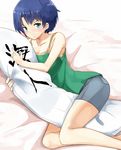  ano_natsu_de_matteru aqua_eyes bare_shoulders bed_sheet blue_hair camisole dakimakura_(object) hug legs long_legs looking_at_viewer lying on_side pillow pillow_hug short_hair shorts solo tamakaga tanigawa_kanna 