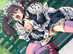  1girl bench black_hair breast_grab breasts censored cg erect_nipples game_cg grabbing grey_eyes high_heels maid maid_outfit masturbation nipple_tweak nipples open_mouth outdoors pigeon_blood public shoes solo twintails 