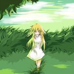  arms_behind_back blonde_hair blush kotaka kusano long_hair looking_at_viewer outdoors sekirei solo yellow_eyes 