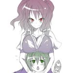  &gt;:) :o blush breast_envy breast_rest breasts breasts_on_head cleavage collarbone green_eyes kotaka large_breasts looking_at_viewer multiple_girls multiple_monochrome onozuka_komachi red_eyes rod_of_remorse shiki_eiki simple_background sketch smile touhou v-shaped_eyebrows white_background 