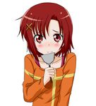  alternate_hairstyle blush casual collarbone eyelashes hair_ornament hairclip hino_akane_(smile_precure!) orange_shirt precure red_eyes red_hair shirt short_hair smile smile_precure! solo spatula takumi_(rozen_garten) 